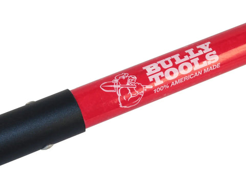 Close-up of red handle on Heavy Duty 12-Gauge Caprock And Pony Shovel With Long Fiberglass Handle For Tough Soil Roots And Planting.