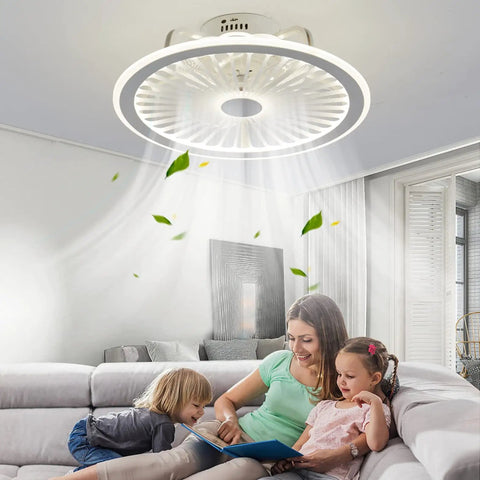Flush Mount Ceiling Fan With Remote And Dimmable LED Light 19In 6 Speeds in modern living room setting
