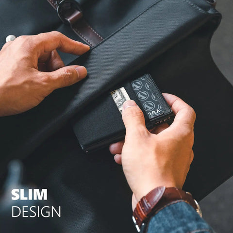 Man placing a slim minimalist RFID blocking wallet with ID window and pop-up card holder into a bag, showcasing everyday carry essentials.