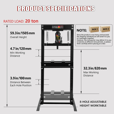 Heavy Duty Hydraulic Shop Press engineered for maximum tonnage with product specifications labeled on an adjustable worktable.