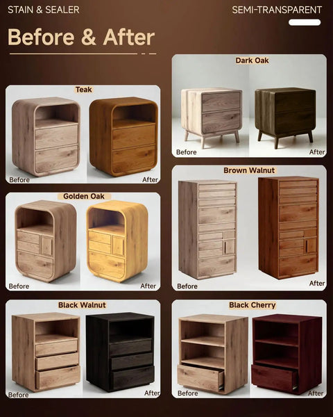 Before and after images of furniture using Dark Oak Water Based Wood Stain And Sealer In One with smooth finish.