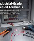 Bulletproof Heat Shrink Hook Terminal Connectors For Car And Home Wiring 100 Pack on a workbench with crimping tool and heat gun.