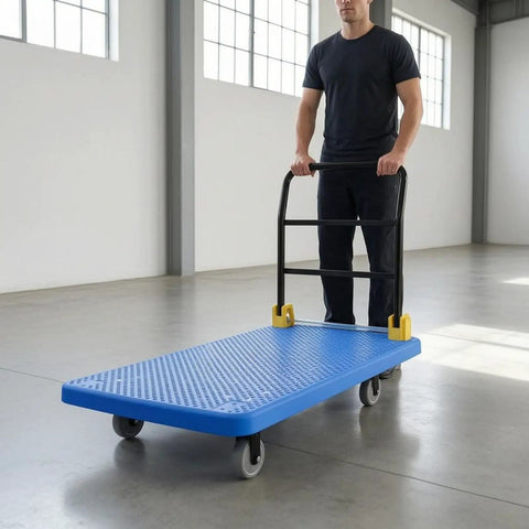 Heavy Duty Flatbed Trolley Cart With Foldable Handle Perforated Deck And Quiet 6 Inch Wheels With Brakes Black For Moving Bulk Items And Heavy Gear Safely, blue deck