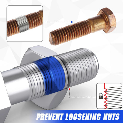 Blue threadlocker applied to bolt threads; inset close-up of rusted bolt; thread locking for nuts and bolts