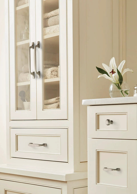 Eight Inch Center To Center Appliance Pull Satin Nickel Highland Ridge Drawer Pull on kitchen cabinet