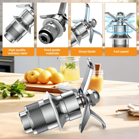Beefed Up Blade Cutting Assembly Replacement For Gallon Blenders Part 502977 in stainless steel on a kitchen counter.