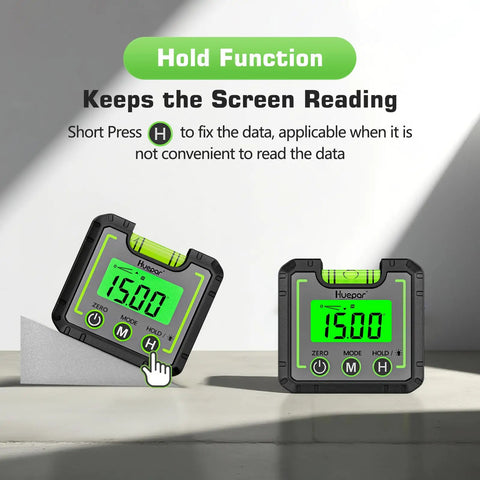 Heavy Duty Digital Angle Level And Inclinometer With Rock Solid Magnet Base And Bright Lcd Screen showing reading of 15 degrees.