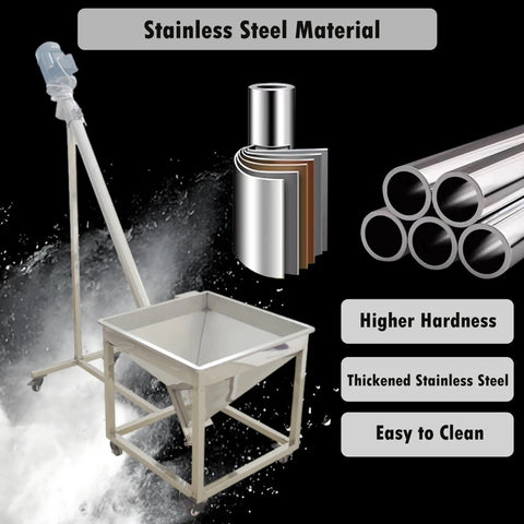 Beefy Stainless Steel Vertical Screw Conveyor Feeder with inclined auger and hopper, showing material durability features