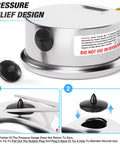 Stainless steel pressure relief valve with round base, side inlet, two black caps, and warning label.