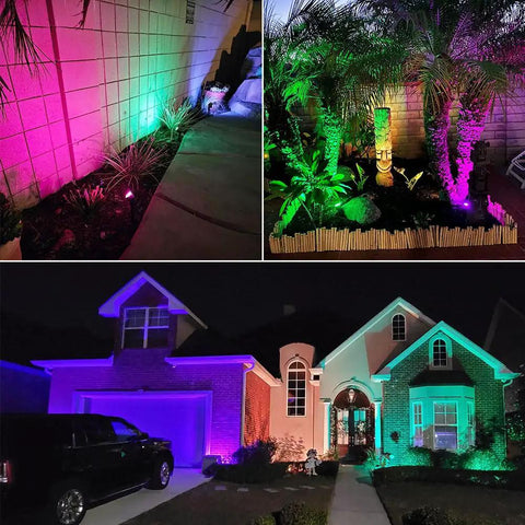 Outdoor 24W RGB Landscape Lights With Transformer And Remote, lighting up garden, trees, and home exterior with colors.