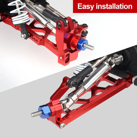 Close-up of red Aluminum Steering Blocks Caster Blocks CHubs Stub Axle Carriers and Alloy Suspension Arms Set for Traxxas Slash 4x4