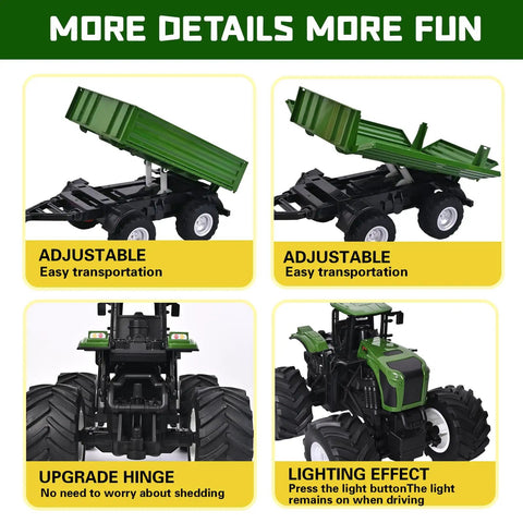 Remote Control Tractor Toy With RC Trailer 23.6 Inch details, adjustable trailer, upgrade hinge, and lighting effect features.