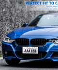 Front view of a blue car with Two Pack Silicone License Plate Frame For US And CA Standard Cars fitted, showcasing zero covering design.