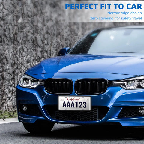 Front view of a blue car with Two Pack Silicone License Plate Frame For US And CA Standard Cars fitted, showcasing zero covering design.