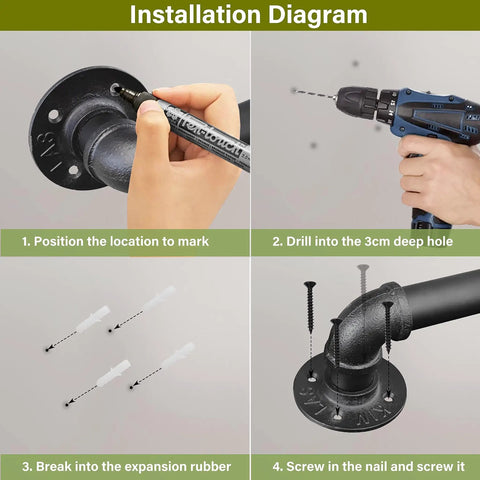 Installation diagram for Solid As A Rock 5Ft Galvanized Steel Handrail For Indoor Outdoor Steps showing mounting process.