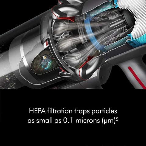 Cross-sectional view showing Gen5 Outsize Cordless Vacuum With 250AW Suction, HEPA Filtration system in action.