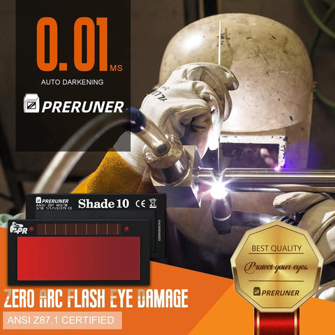 Badass Shade 10 Auto Darkening Welding Lens, 2 X 4 1/4 Inches showing red coated teal clarity view while welding.