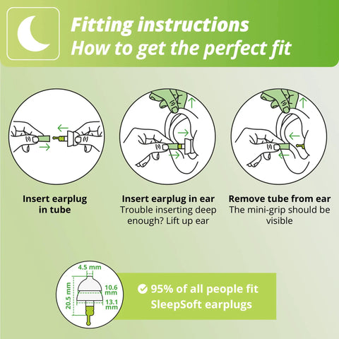 Fitting instructions for Ultra Soft Earplugs For Side Sleepers With Custom Molding Filters, showing insertion and removal steps.
