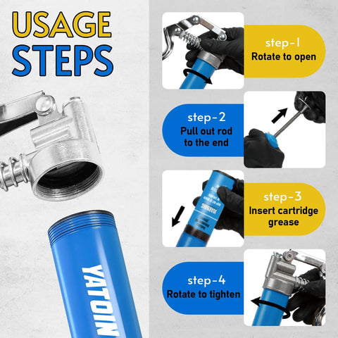 Blue YATOINTO 18-piece grease gun kit with 12-inch hose and accessories (front view)