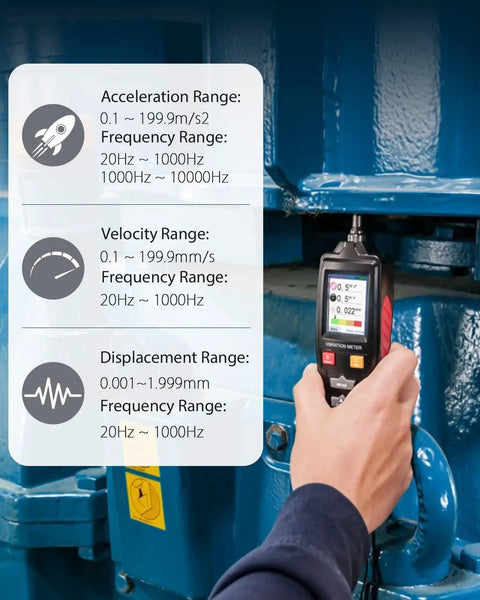 Handheld Vibration Meter And Digital Vibration Analyzer - Portable Vibrometer With Piezoceramic Accelerometer, Measures Acceleration 0.1 To 199.9 m/s2 Peak, Velocity 0.1 To 199.9 mm/s RMS, Displacement 0.001 To 1.999 mm, Accuracy Ten Percent, handheld use on machinery