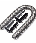Stainless steel braided radiator hose kit with two 24-inch hoses, chrome caps, and clamps