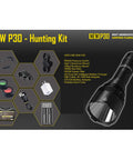 1000 Lumen Hunting Flashlight Kit With Red And Green Beams Long Throw To 676 Yards Rechargeable Battery Lumentac Rifle Mount Perfect For Hog Coyote And Varmint Night Hunts Gift Box Included, shown with accessories and packaging on a promotional display.