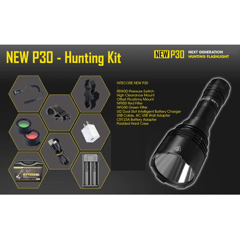 1000 Lumen Hunting Flashlight Kit With Red And Green Beams Long Throw To 676 Yards Rechargeable Battery Lumentac Rifle Mount Perfect For Hog Coyote And Varmint Night Hunts Gift Box Included, shown with accessories and packaging on a promotional display.