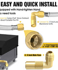 Diagram showing 12Ft Propane Quick Connect Hose For RV To Grill, Stainless Steel Braided With Elbow Adapter connected to griddle