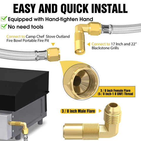 Diagram showing 12Ft Propane Quick Connect Hose For RV To Grill, Stainless Steel Braided With Elbow Adapter connected to griddle