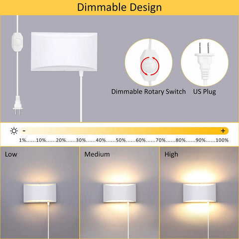 Dimmable 12W Plug-In LED Wall Sconce With Rotary Dimmer showcasing low, medium, and high light settings for cozy warm glow