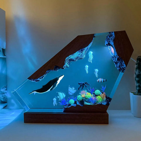 Blue Whale Resin Lamp With Wood Base RGB Ocean Nightstand Light For Coastal Home Office Decor Handcrafted Ocean Gift For Ocean Lovers