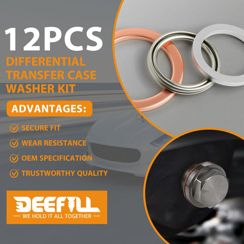 12pc Crushable Steel Transfer And Differential Drain Plug Gasket Kit For Toyota And Lexus Rigs Displayed With Copper Washer