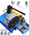 Built Solid Manual Hydraulic Hose Crimper Machine With Seven Swappable Dies For Quarter To One Inch R1 And R2 Steel Wire Lines. Compact tool with crimping range and attachments.