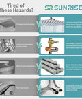 SR Sun Rise shower system comparison chart highlighting features like explosion-proof spray head and brass water contact parts.
