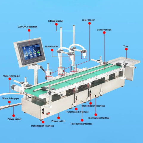 Compact Automatic Liquid Filling Machine With Conveyor Belt And Smart Dual Nozzles For Smooth Bottling, featuring digital control and aluminum construction.