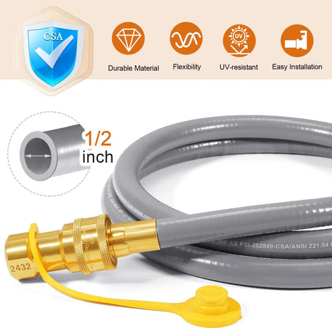 Six Foot Natural Gas Hose With Quick Connect Fitting For Grills Generators Patio Heaters And More Low Pressure One Half Inch Inner Diameter CSA Certified