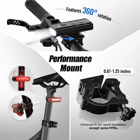 Rechargeable Bike Lights For Night Riding Ultra Bright Front And Rear LED Headlight And Taillight 2 Pack With 360 Degree Adjustable Brackets
