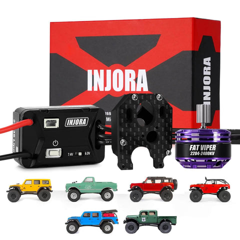 MBL32 G2 Waterproof Brushless ESC and 2204 Fat Viper Outrunner Motor for 1/24 Axial SCX24 upgrade, shown with RC crawlers.