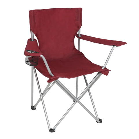 Quad Folding Camp Chair With Cup Holder Red For Adults Built Tough Steel Frame Weatherproof Poly Coated With PE Includes Carry Bag