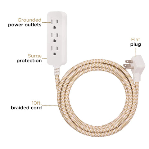 3 Outlet Power Strip Surge Protector Indoor Extension Cord 10 Ft Braided Flat Cord 16 Gauge 245 Joules 3 Prong ETL Listed Brown