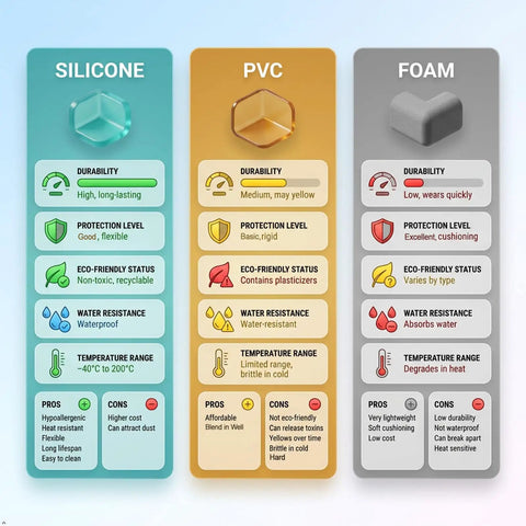 Comparison chart of silicone, PVC, and foam durability, protection level, eco-friendliness, and temperature range.