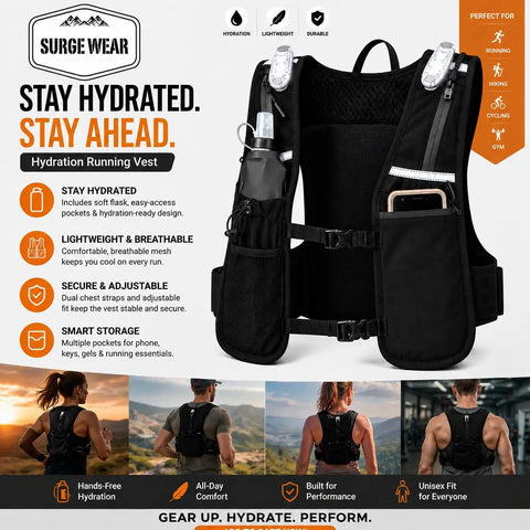 Hands Free Hydration Running Vest With 500ml Soft Flask BPA Free PVC Free Reflective Gear Adjustable Unisex Fit 4 LED Lights 6 Pockets