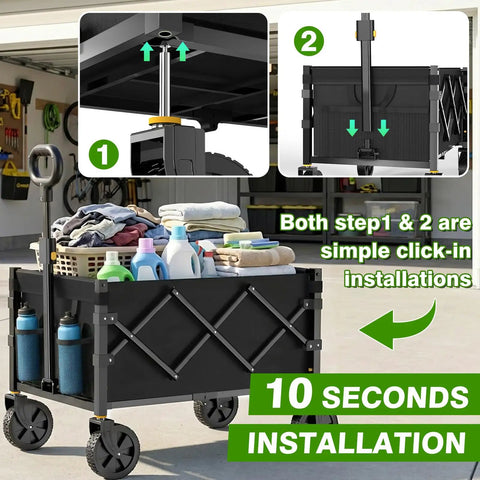 Collapsible Wagon Cart With Wheels Foldable 360 Lb Capacity Portable Heavy Duty Utility Wagon with laundry and supplies