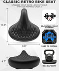Oversized Wide Bike Seat For Men And Women With Comfy Soft Vintage Style Saddle And Waterproof Shock Absorbing Padding, shown with dimensions and features.