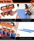 Demonstrating use of the 3-Station Sheet Metal Roller Bender for 0-90 Degree Bends, showing steps in aluminum standing seam roof bending.