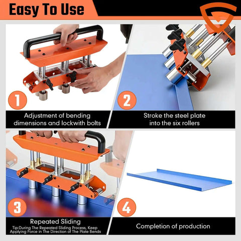 Demonstrating use of the 3-Station Sheet Metal Roller Bender for 0-90 Degree Bends, showing steps in aluminum standing seam roof bending.