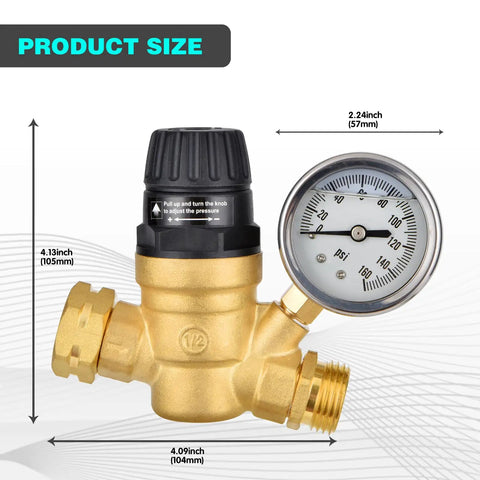 Keep Your Rig Safe With This Adjustable RV Water Pressure Regulator Featuring A Clear Dial Gauge And Easy Grip Handwheel, size dimensions shown.