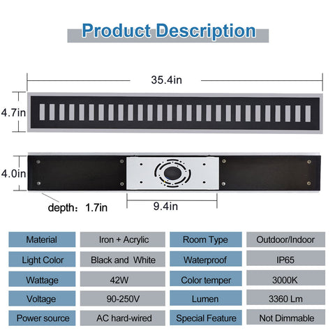 Dope Outdoor Wall Light LED 42W 3000K 35 Inch Long Black Metal Waterproof Modern Exterior Lighting Fixture measurements chart