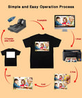 30 Sheets Dark Fabric Heat Transfer Paper For Diy T Shirt Projects 8.3 X 11.7 Inches Iron On Transfer Paper For Inkjet Printers Washable No Cracking No Fading Easy Application shown in use with easy application steps displayed.