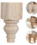 Close-up of two round wood loveseat legs unfinished sofa feet with carved surface and hardware for kitchen table or bench.